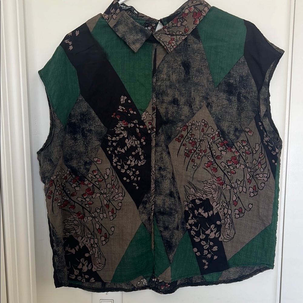 SHEIN Green and Blue Button Down Top with Peter Pan Collar